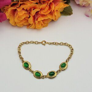Vintage Gold Tone Green Jelly Belly Glass Charm Chain Bracelet 7" Spring Ring